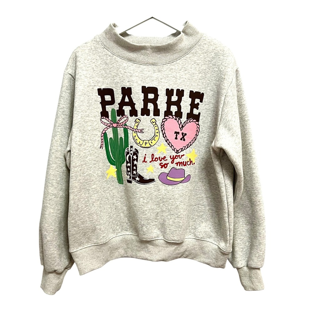 Parke Sweatshirt Womens S/M Gray Texas Western Graphic Mock Neck Pullover Fleece